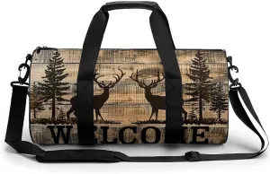 Two Deer And Pine Tree Silhouette WELCOME Travel Gym Bag for Women Men Cylindrical Duffle Bag Sport Workout Bag with Shoulder Strap