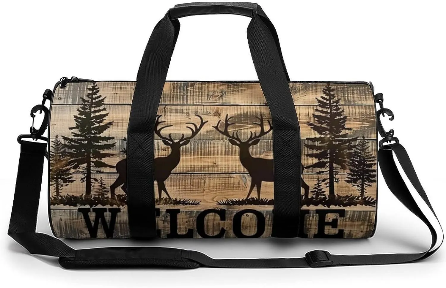 Two Deer And Pine Tree Silhouette WELCOME Travel Gym Bag for Women Men Cylindrical Duffle Bag Sport Workout Bag with Shoulder Strap
