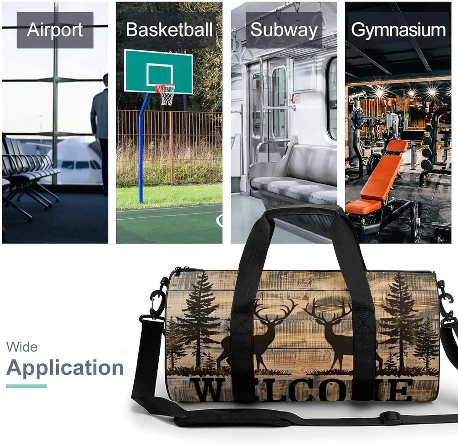 Two Deer And Pine Tree Silhouette WELCOME Travel Gym Bag for Women Men Cylindrical Duffle Bag Sport Workout Bag with Shoulder Strap