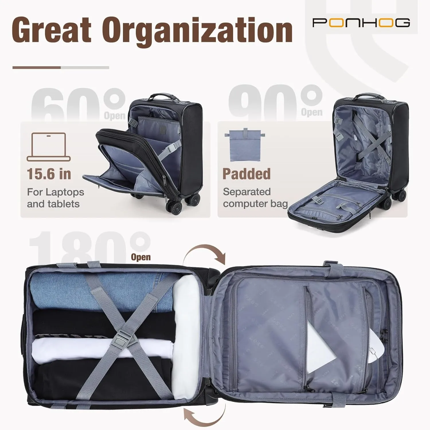 Underseat Carry on Luggage With Wheels - 18 Inch Softside Expandable Under Seat Suitcase, Airline Approved Personal Item Bag for Men Women, Black