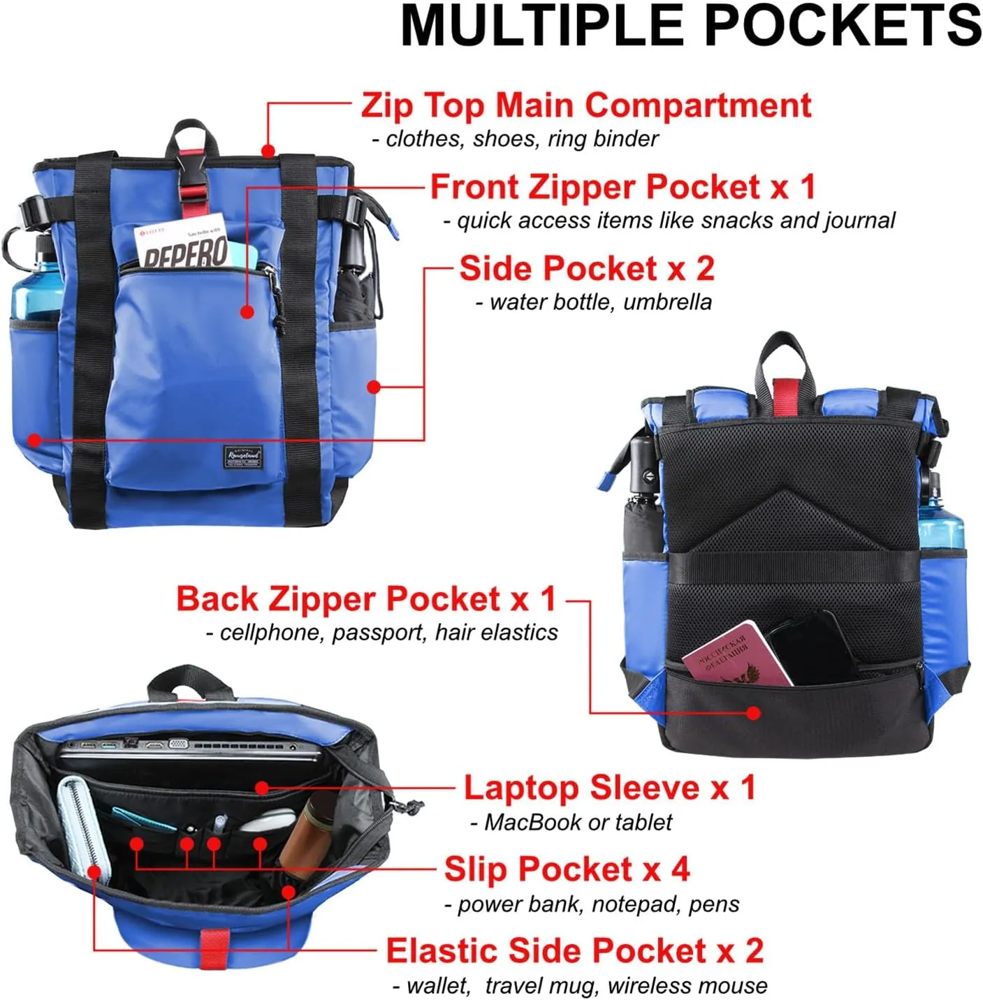 Unisex Laptop Tote Backpack Convertible Lightweight Nylon Water-Resistant Everyday Shoulder Tote bag Backpack with Water Bottle Pocket Work Travel, Royal Blue