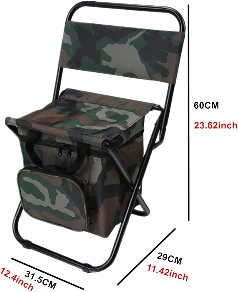 UNISTRENGH Outdoor Folding Fishing Chair Portable Camping Stool Foldable Chair with Double Layer Oxford Fabric Cooler Bag for Fishing Beach (Camouflage)