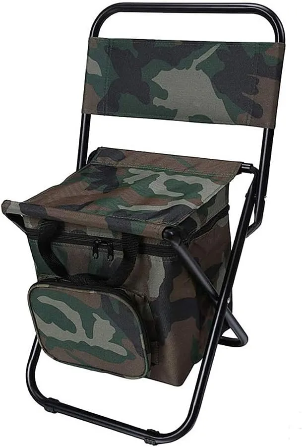UNISTRENGH Outdoor Folding Fishing Chair Portable Camping Stool Foldable Chair with Double Layer Oxford Fabric Cooler Bag for Fishing Beach (Camouflage)