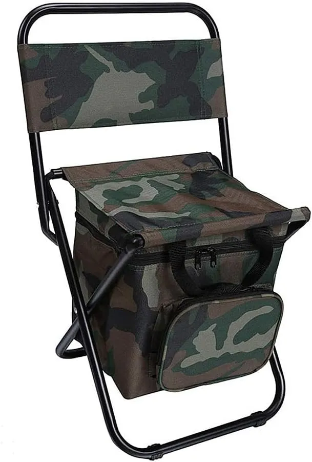 UNISTRENGH Outdoor Folding Fishing Chair Portable Camping Stool Foldable Chair with Double Layer Oxford Fabric Cooler Bag for Fishing Beach (Camouflage)