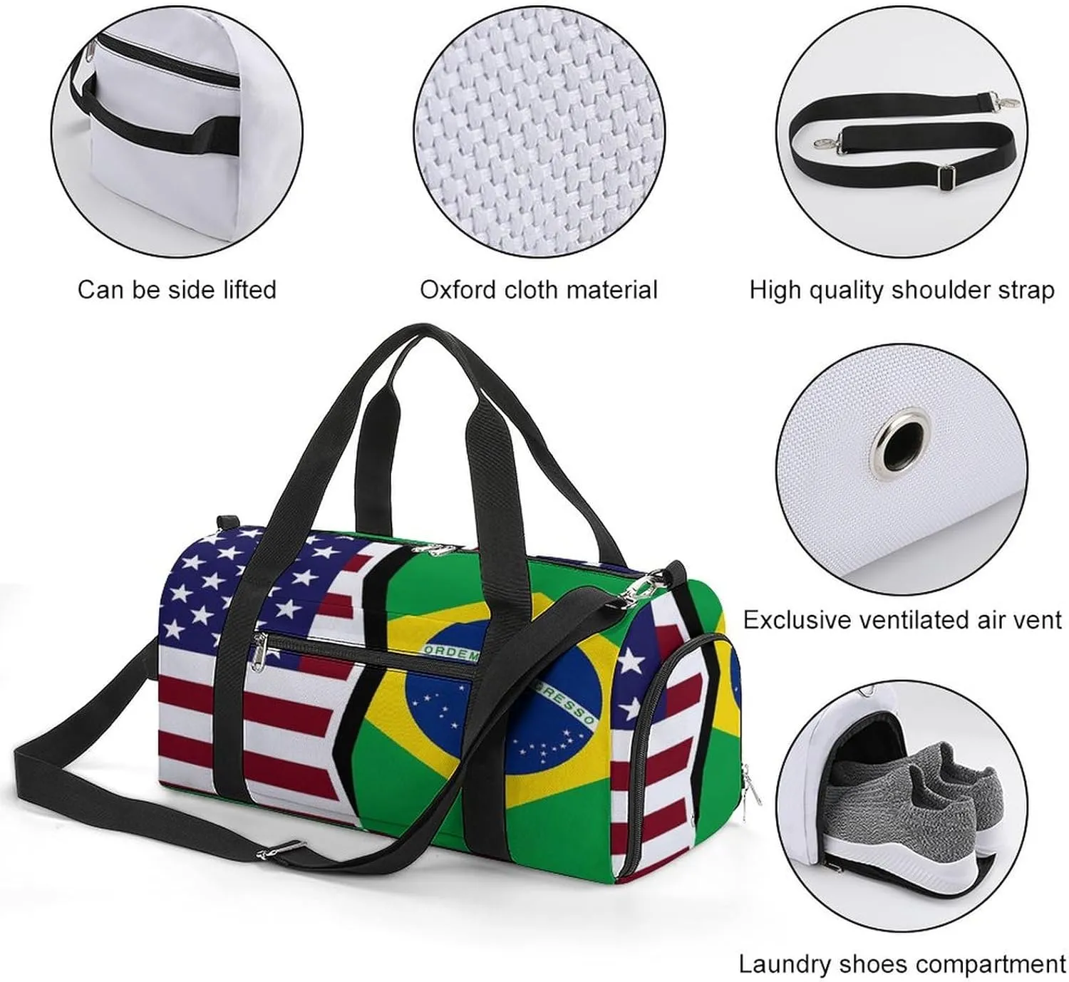 US And Brazilian Flag Gym Bag-Workout Organizer with Water Resistant Compartments for Gym Lovers, style-12-12