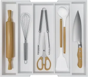 Utensil Organizer for Kitchen Drawers - Bamboo Silverware Tray Expandable 5 Slots Drawer Organizer for Office and Pantry Supplies W13.7-19.9" x L17.6 X H2.5 (White)