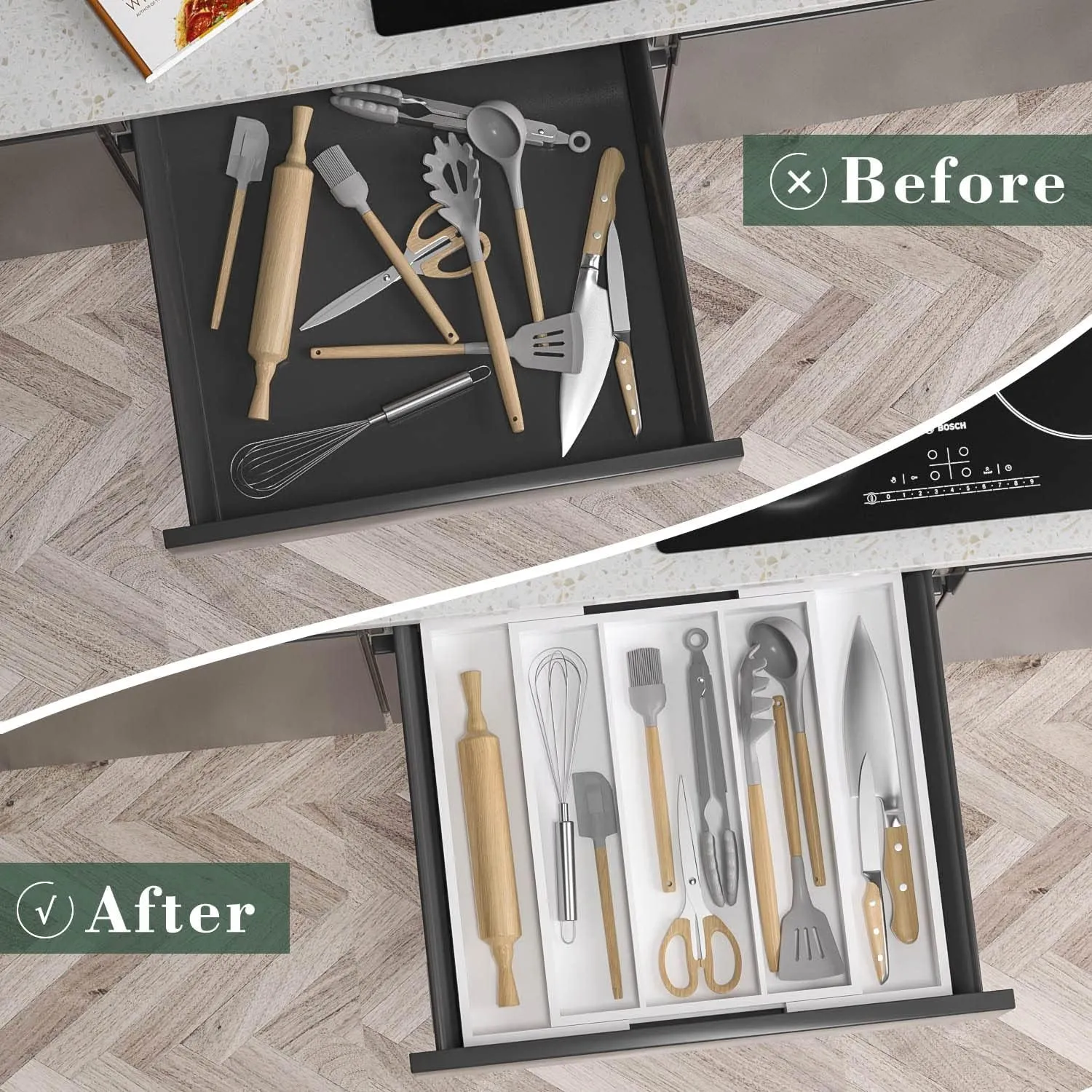 Utensil Organizer for Kitchen Drawers - Bamboo Silverware Tray Expandable 5 Slots Drawer Organizer for Office and Pantry Supplies W13.7-19.9" x L17.6 X H2.5 (White)