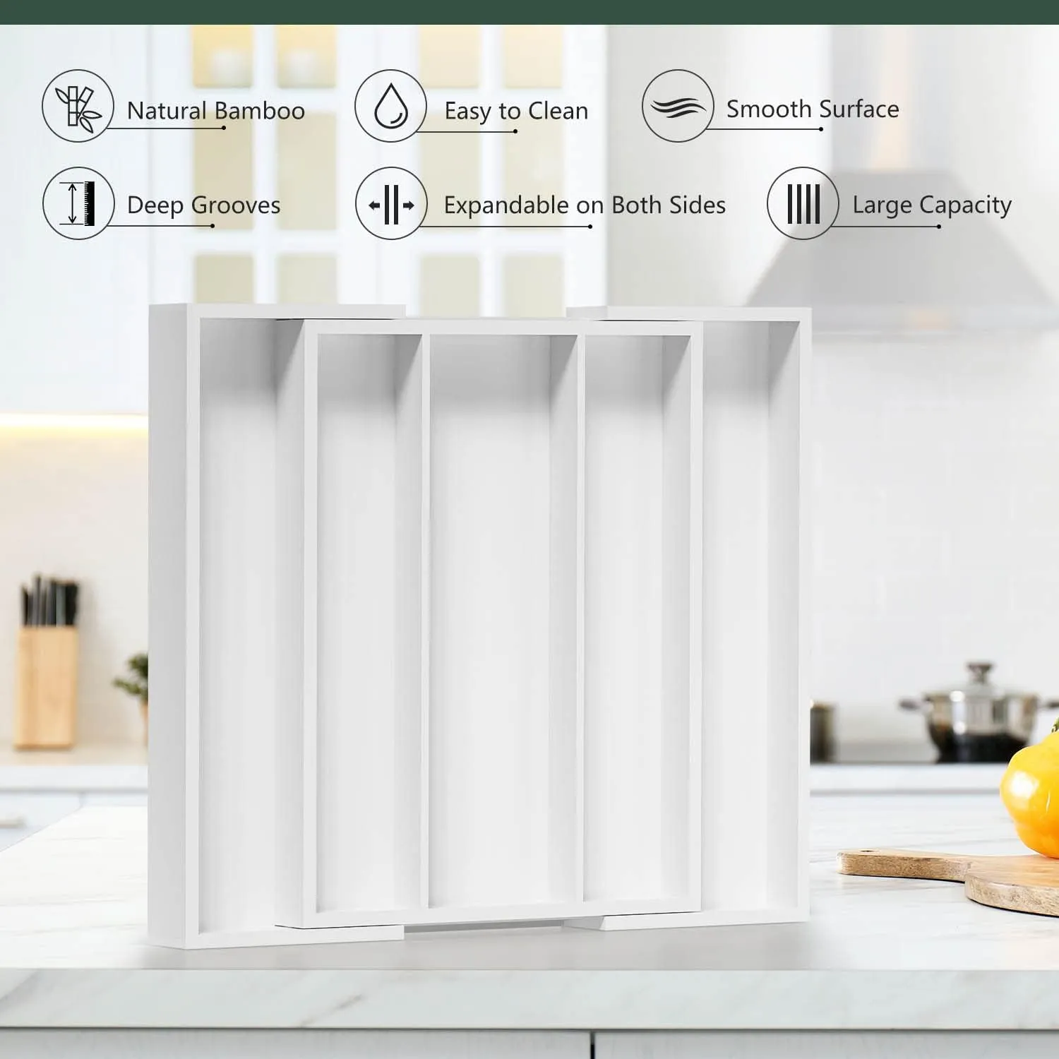 Utensil Organizer for Kitchen Drawers - Bamboo Silverware Tray Expandable 5 Slots Drawer Organizer for Office and Pantry Supplies W13.7-19.9" x L17.6 X H2.5 (White)