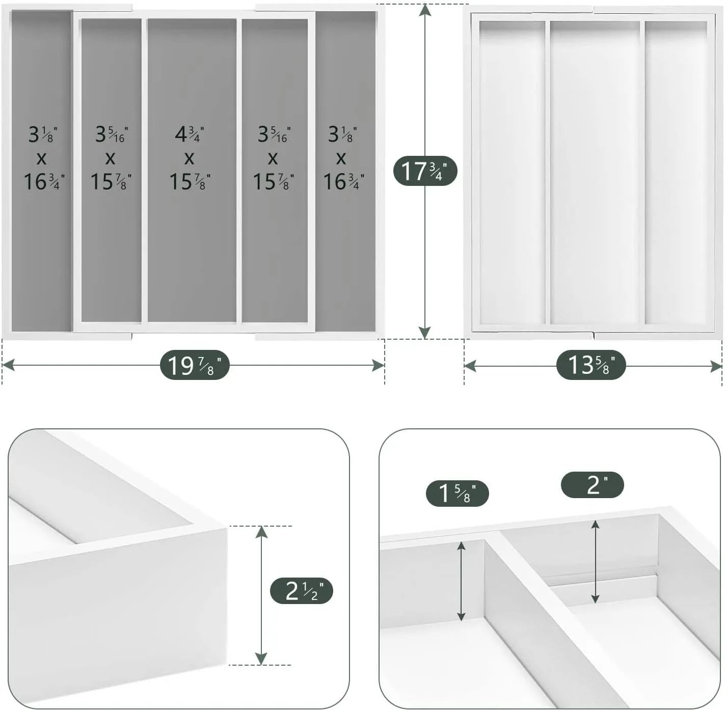 Utensil Organizer for Kitchen Drawers - Bamboo Silverware Tray Expandable 5 Slots Drawer Organizer for Office and Pantry Supplies W13.7-19.9" x L17.6 X H2.5 (White)