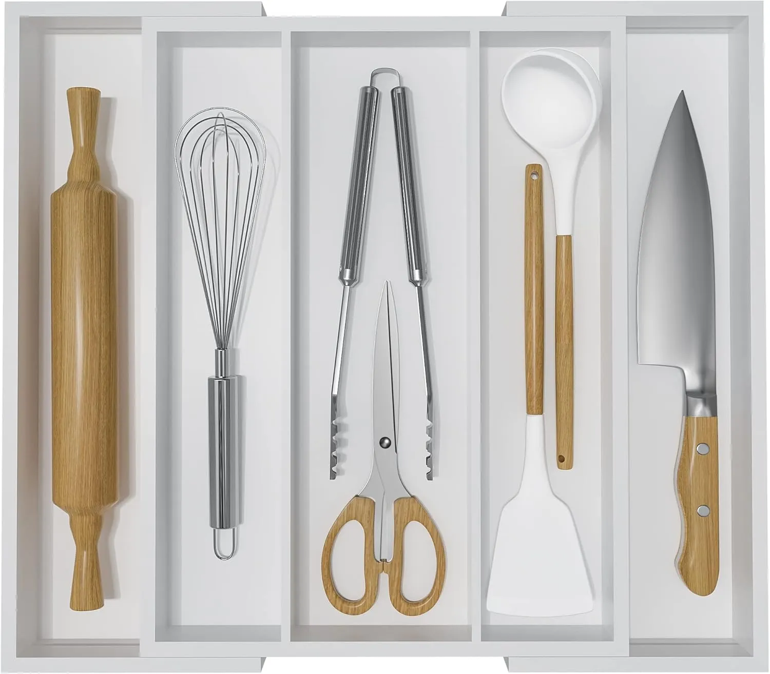 Utensil Organizer for Kitchen Drawers - Bamboo Silverware Tray Expandable 5 Slots Drawer Organizer for Office and Pantry Supplies W13.7-19.9" x L17.6 X H2.5 (White)