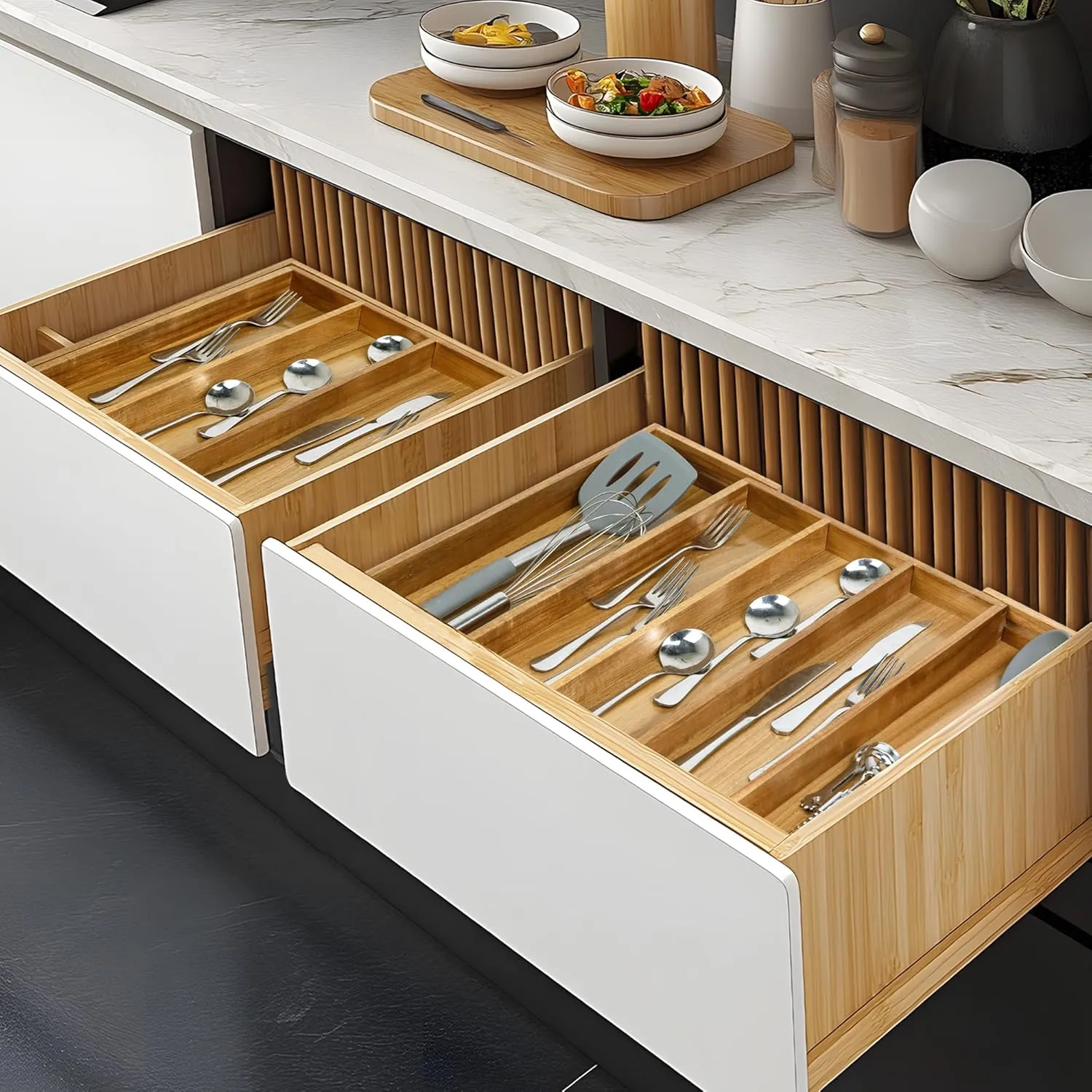 VaeFae Acacia Kitchen Silverware Organizer, Cutlery Drawer Organizer with 5 Compartments, Wooden Utensil Holder for Flatware and Cooking Tools