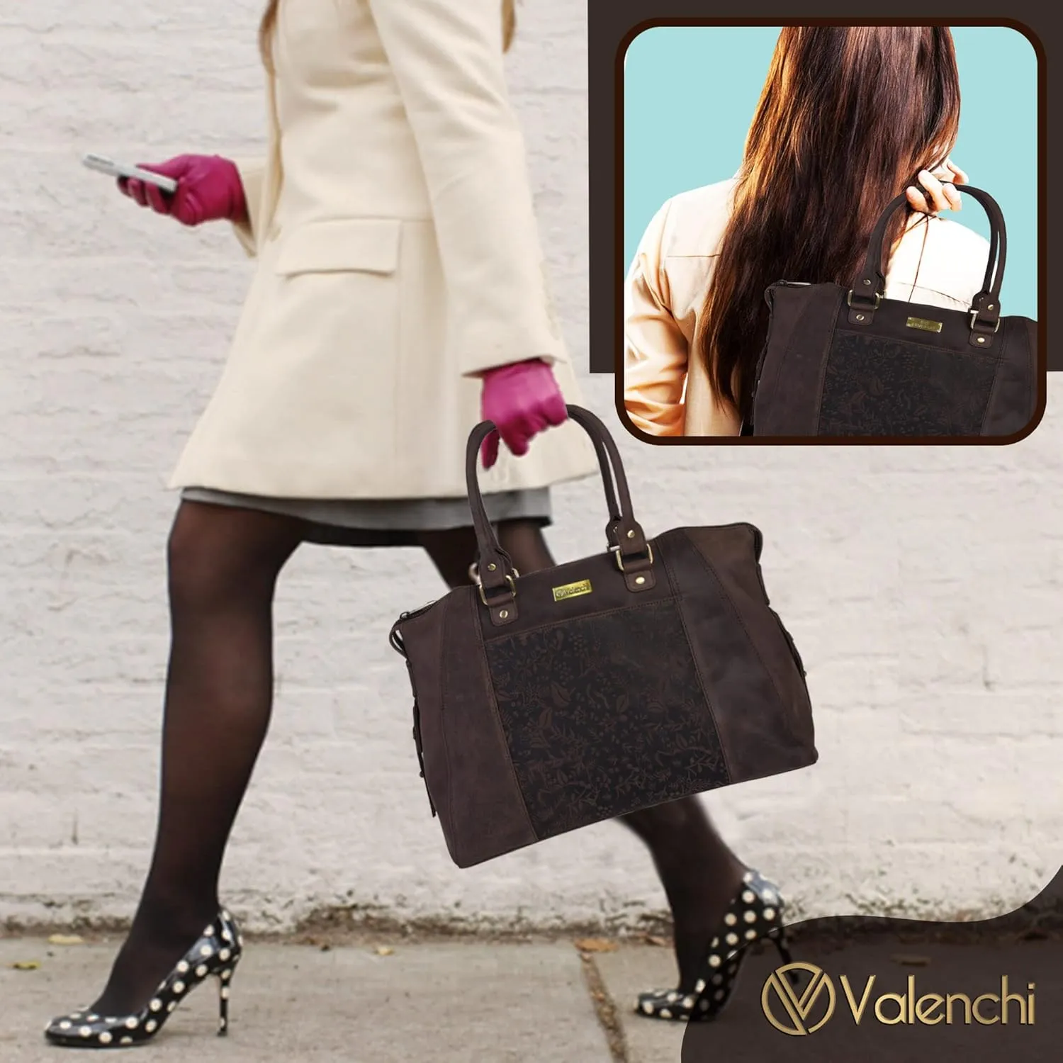 VALENCHI Leather Tote Bag For Women - Leather Handbags For Women - Trendy Ladies Shoulder Bag - Work, Travel