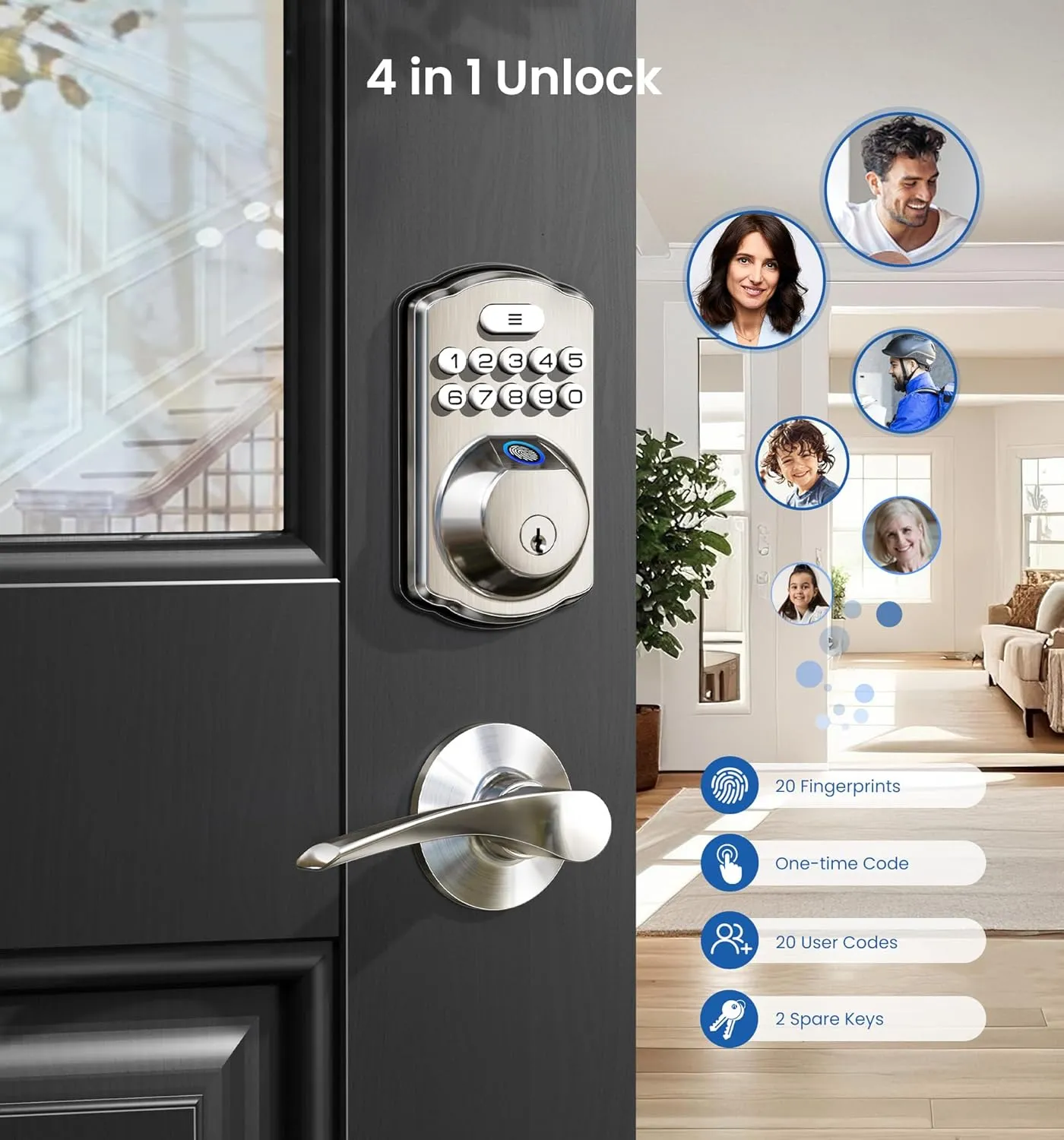 Veise Fingerprint Door Lock, Keyless Entry, Auto Lock, Electronic Keypad Deadbolt for Front Door, Biometric, Anti-Peeking Password, Easy Install, Satin Nickel