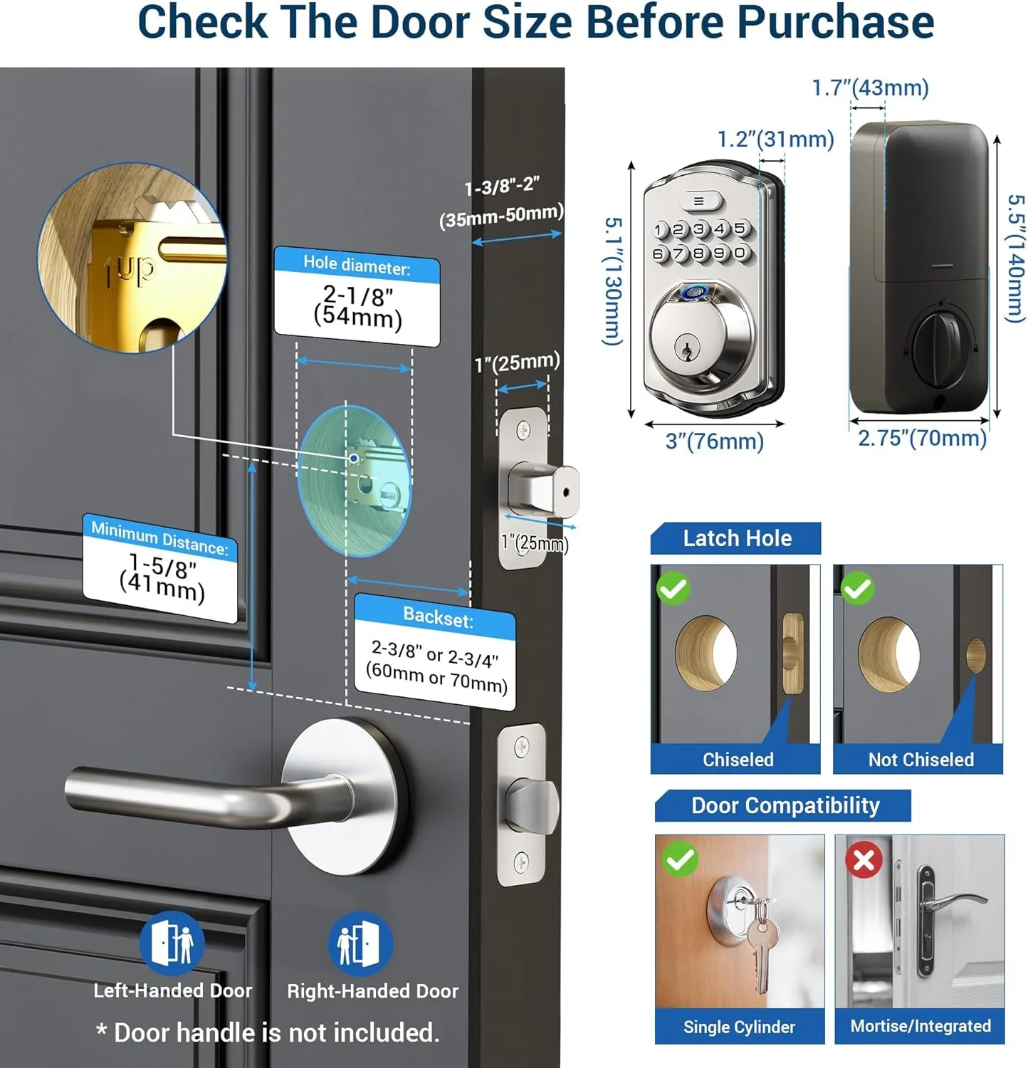 Veise Fingerprint Door Lock, Keyless Entry, Auto Lock, Electronic Keypad Deadbolt for Front Door, Biometric, Anti-Peeking Password, Easy Install, Satin Nickel