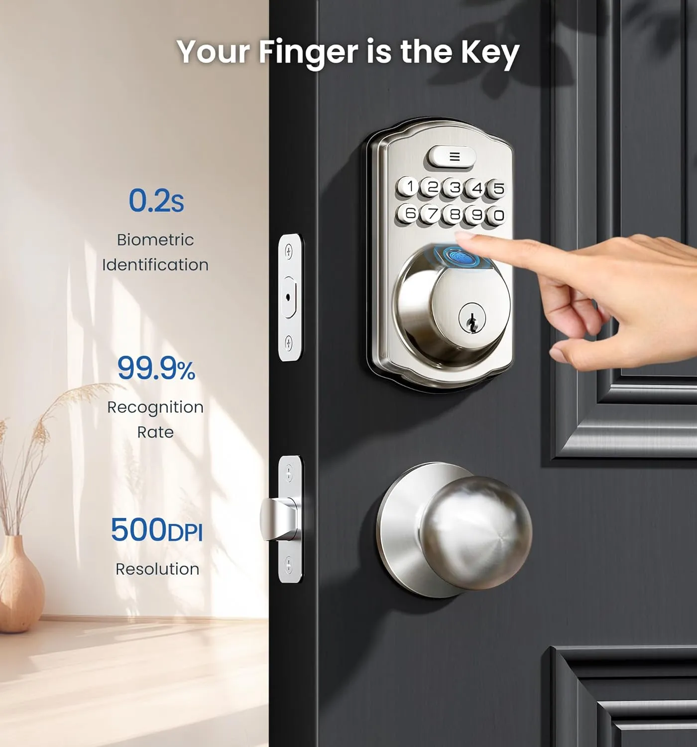 Veise Fingerprint Door Lock, Keyless Entry, Auto Lock, Electronic Keypad Deadbolt for Front Door, Biometric, Anti-Peeking Password, Easy Install, Satin Nickel