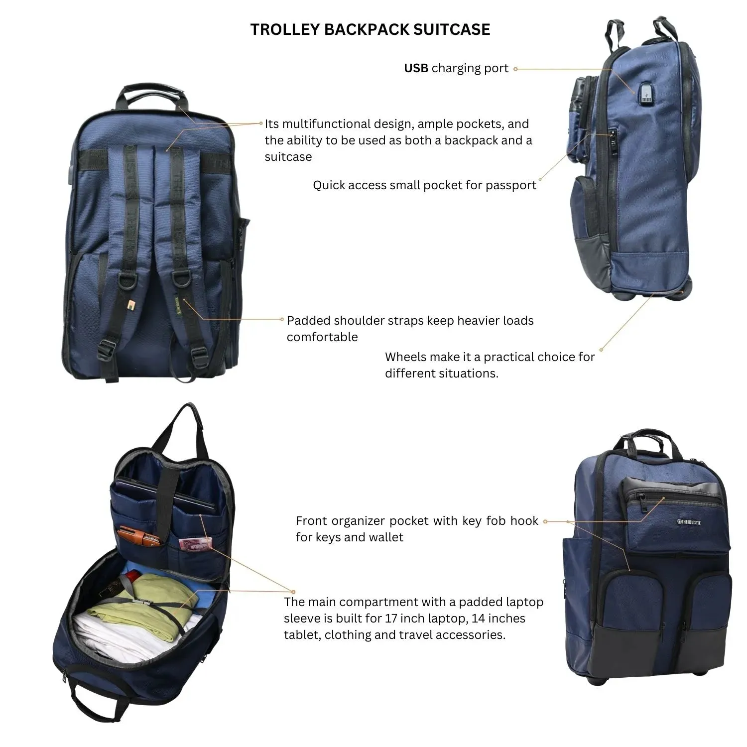 Ventura  Backpack Trolley | Travel Bag Men/Women | Laptop Compartment | Blue