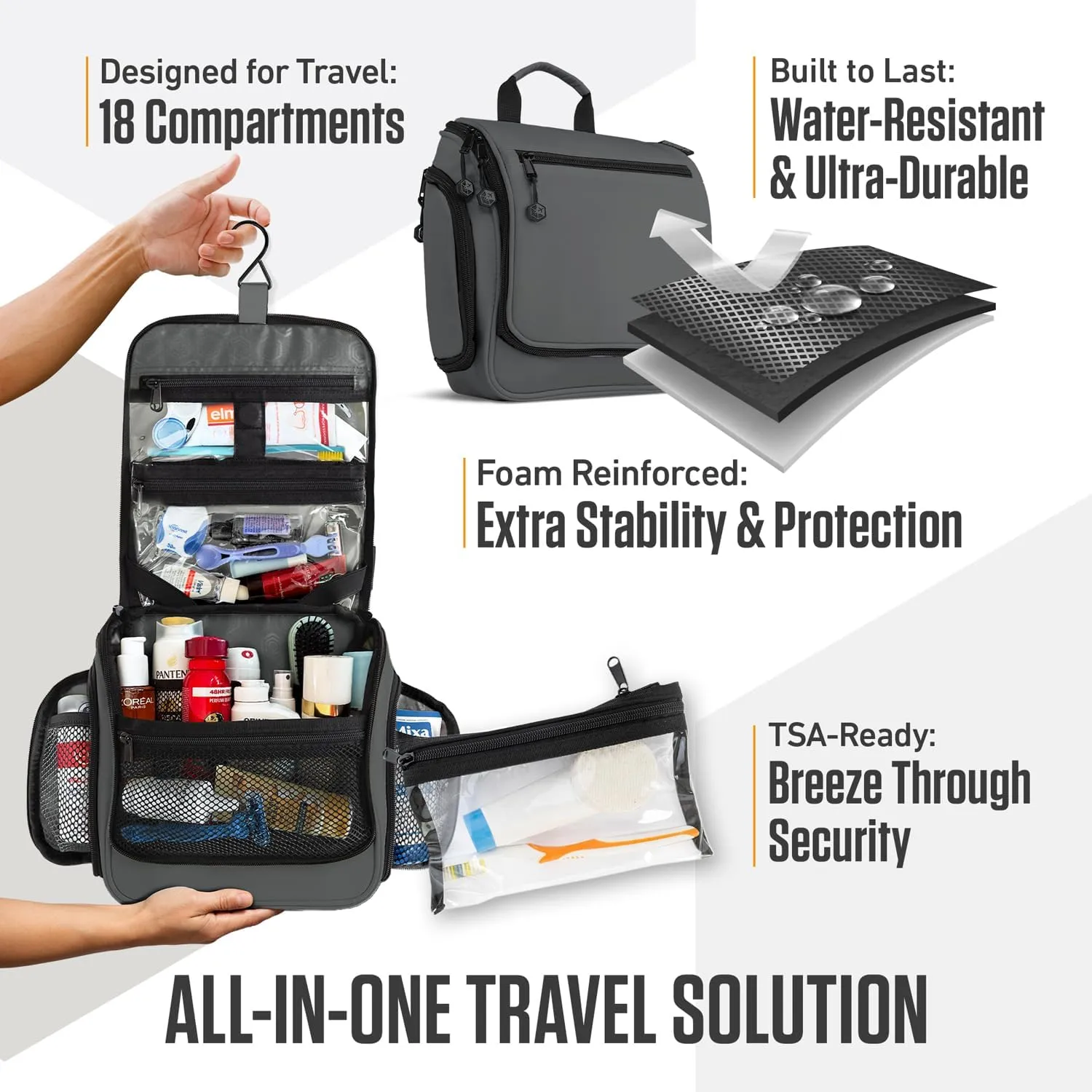 VENTURE 4TH Hanging Travel Toiletry Bag for Women & Men - Travel Organizer with Expandable Compartments & Removable Clear Pouch for Toiletries (Shadow Gray)
