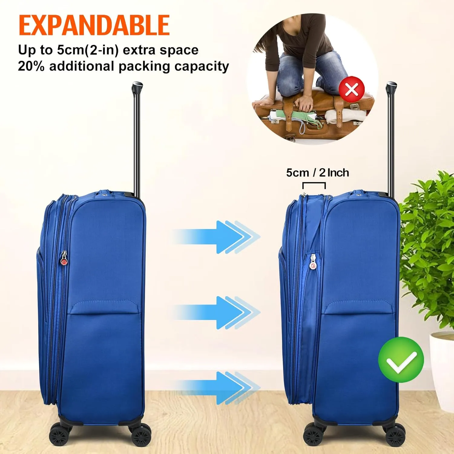 Verdi Softside Expandable 24 Inch Luggage with Spinner Wheels Lightweight Suitcase (Navy, Checked-Large 24-Inch)