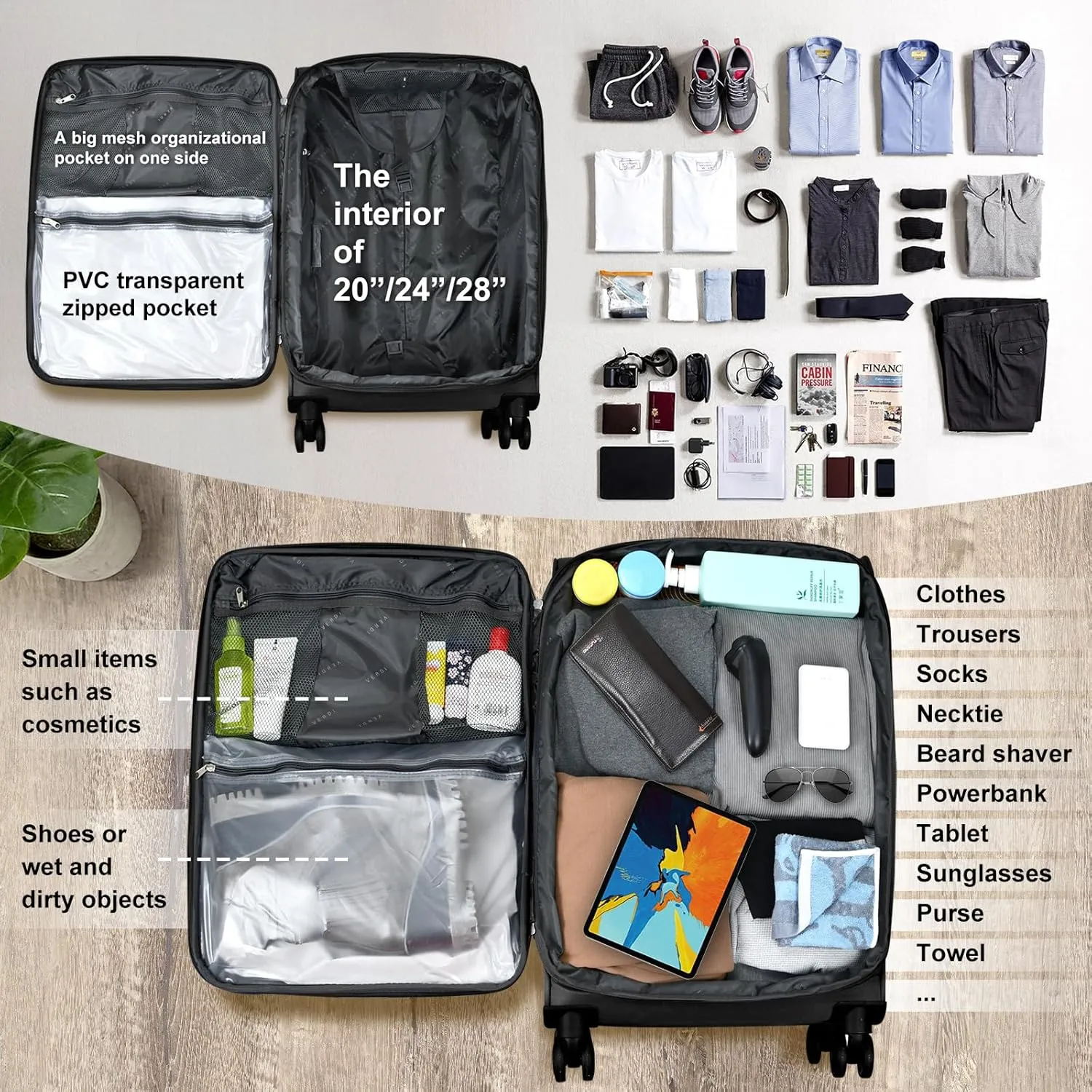 Verdi Softside Expandable 28 Inch Luggage with Spinner Wheels Lightweight Large Suitcase (Black, Checked-Large 28-Inch)