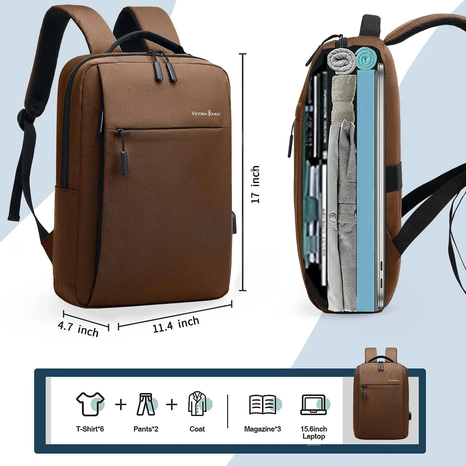Victoriatourist Laptop Backpack 15.6 Inch, Business Slim Durable Laptops Travel Backpacks with USB Charging Port, College Backpacks Computer Bag Gifts for Men and Women Fits Notebook (Brown)