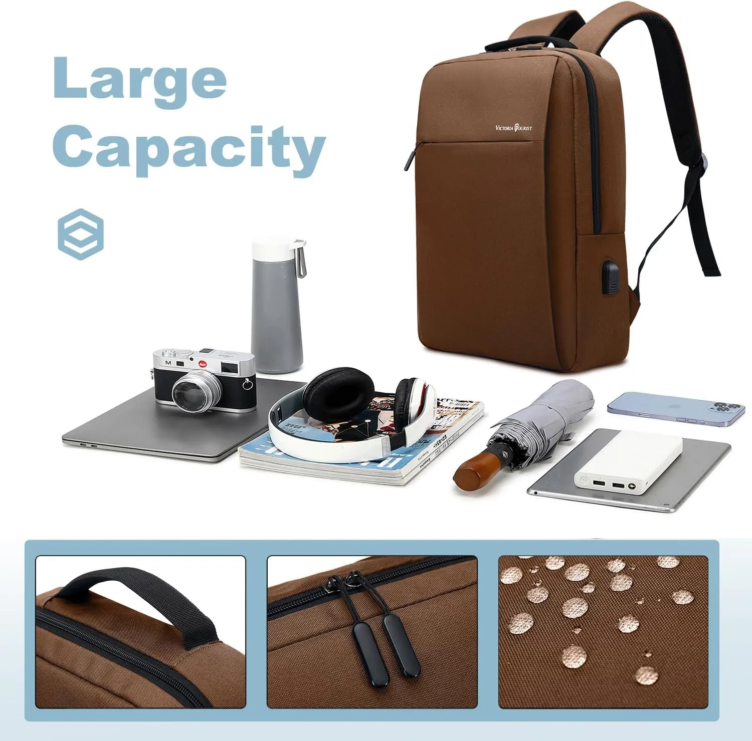 Victoriatourist Laptop Backpack 15.6 Inch, Business Slim Durable Laptops Travel Backpacks with USB Charging Port, College Backpacks Computer Bag Gifts for Men and Women Fits Notebook (Brown)