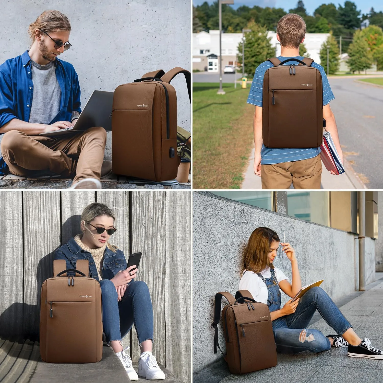 Victoriatourist Laptop Backpack 15.6 Inch, Business Slim Durable Laptops Travel Backpacks with USB Charging Port, College Backpacks Computer Bag Gifts for Men and Women Fits Notebook (Brown)