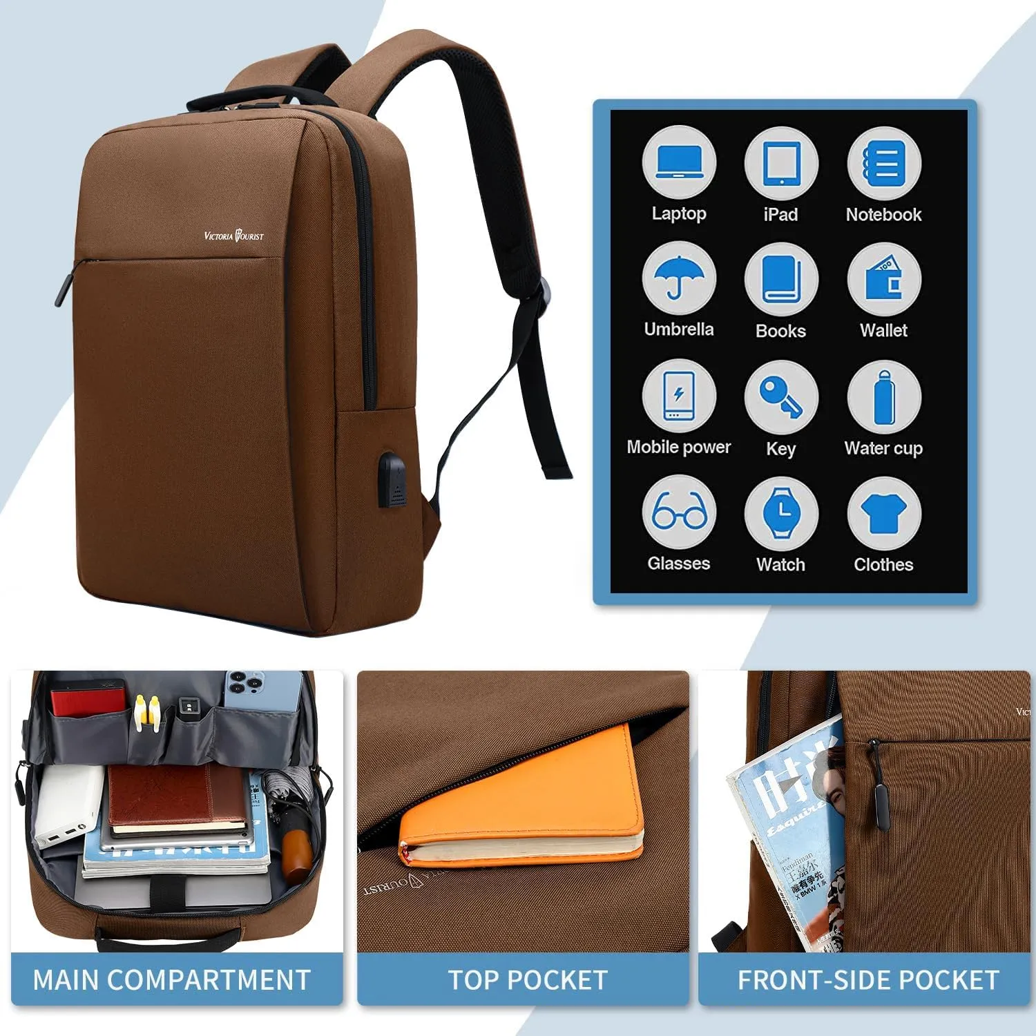 Victoriatourist Laptop Backpack 15.6 Inch, Business Slim Durable Laptops Travel Backpacks with USB Charging Port, College Backpacks Computer Bag Gifts for Men and Women Fits Notebook (Brown)