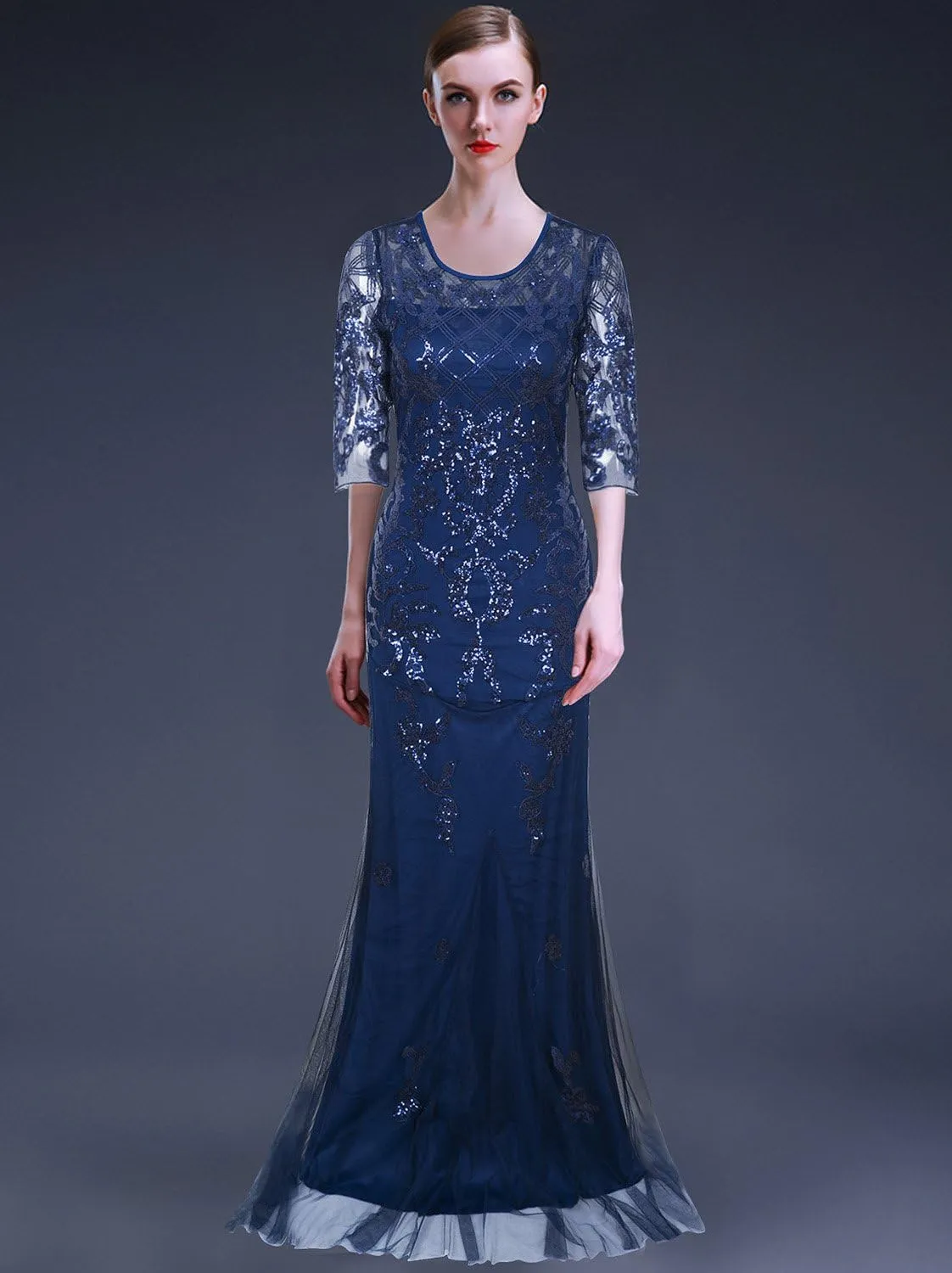 Vijiv Vintage 1920s Long Wedding Prom Dresses 2/3 Sleeve Sequin Party Evening Gown