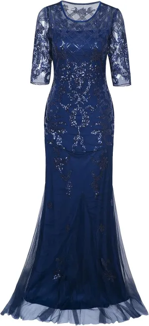 Vijiv Vintage 1920s Long Wedding Prom Dresses 2/3 Sleeve Sequin Party Evening Gown