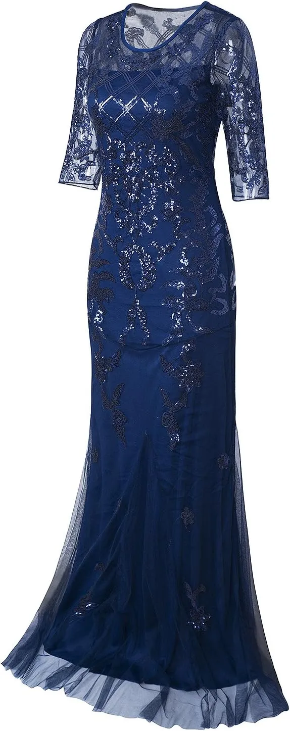 Vijiv Vintage 1920s Long Wedding Prom Dresses 2/3 Sleeve Sequin Party Evening Gown