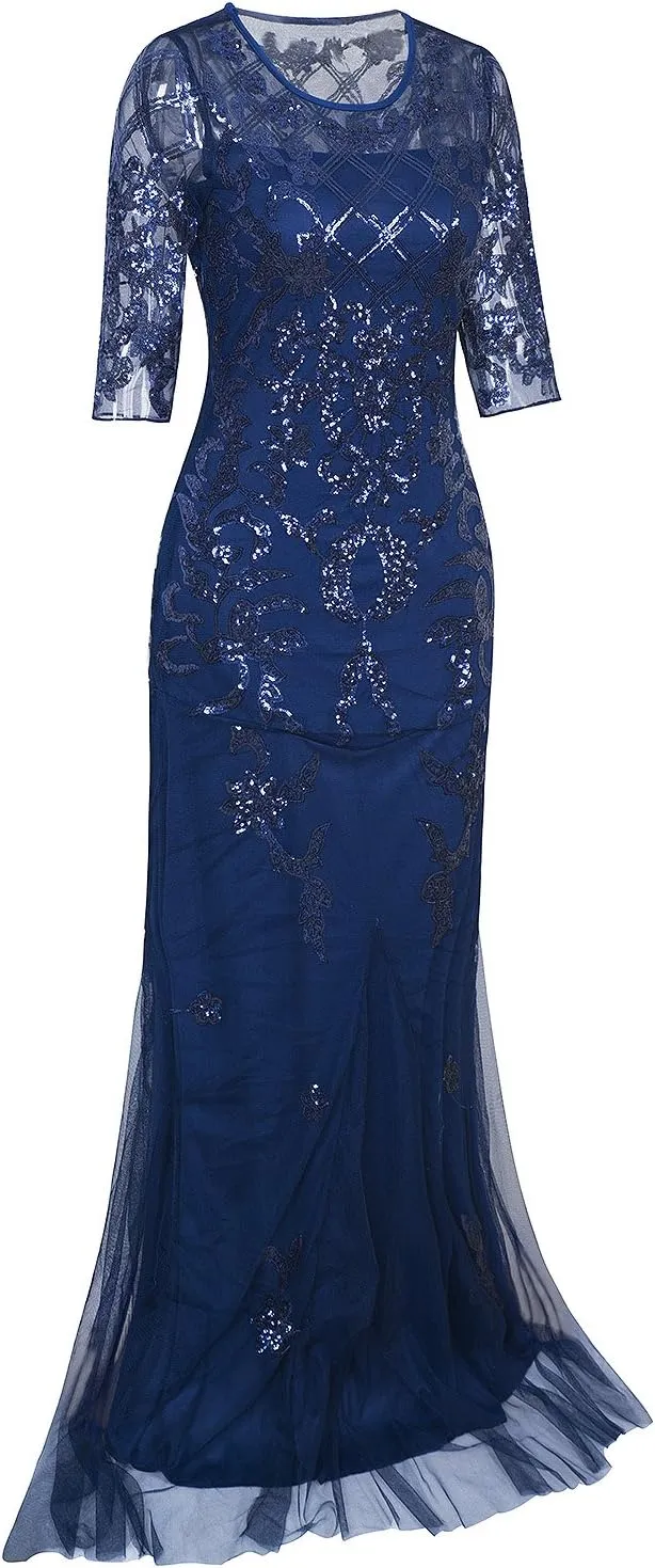 Vijiv Vintage 1920s Long Wedding Prom Dresses 2/3 Sleeve Sequin Party Evening Gown