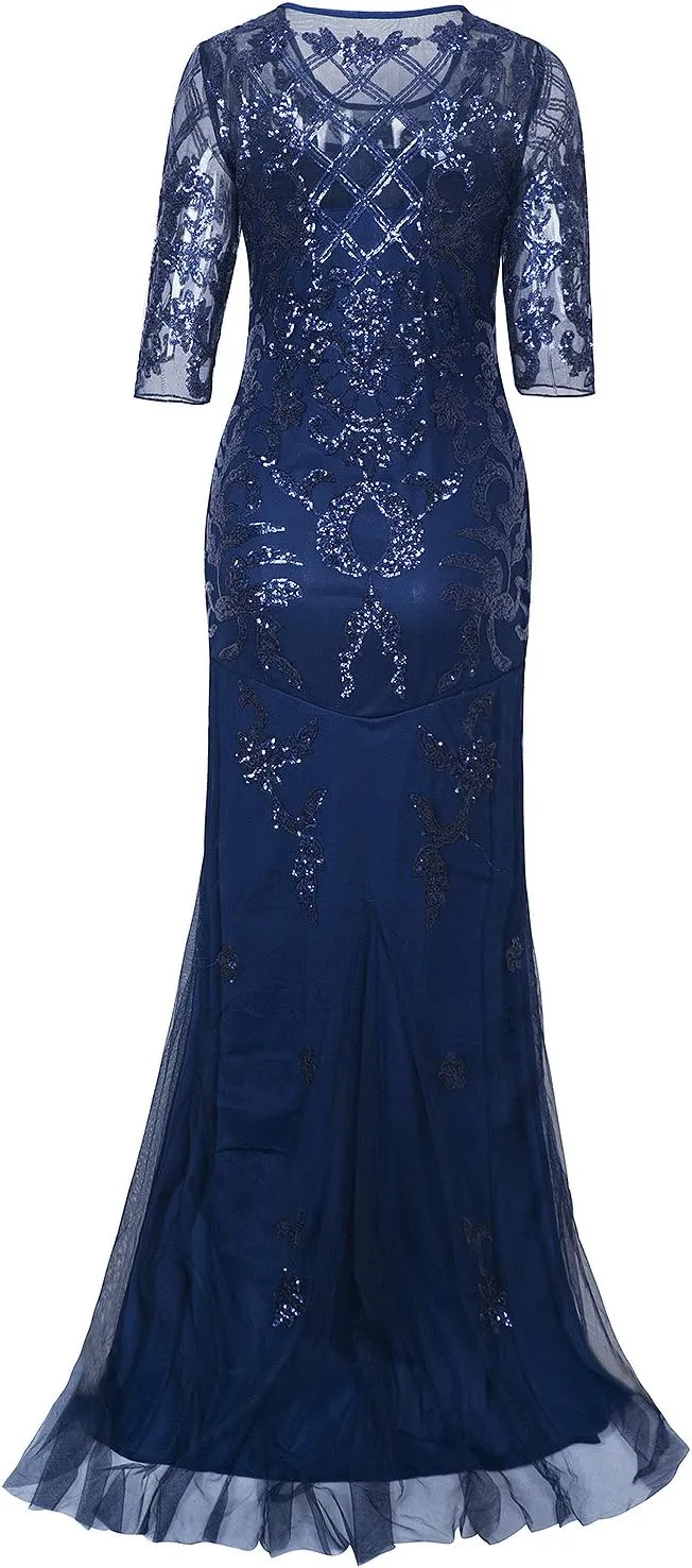 Vijiv Vintage 1920s Long Wedding Prom Dresses 2/3 Sleeve Sequin Party Evening Gown