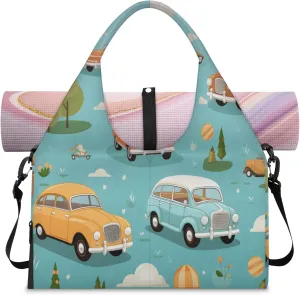 Vintage Cars Sky Fun Waterproof Gym Bag for Men Women, Sports Duffel Bag with Shoe Compartment Yoga Mat Holder, Portable Large Travel Bag for Fitness, Camping, Weekend Trips