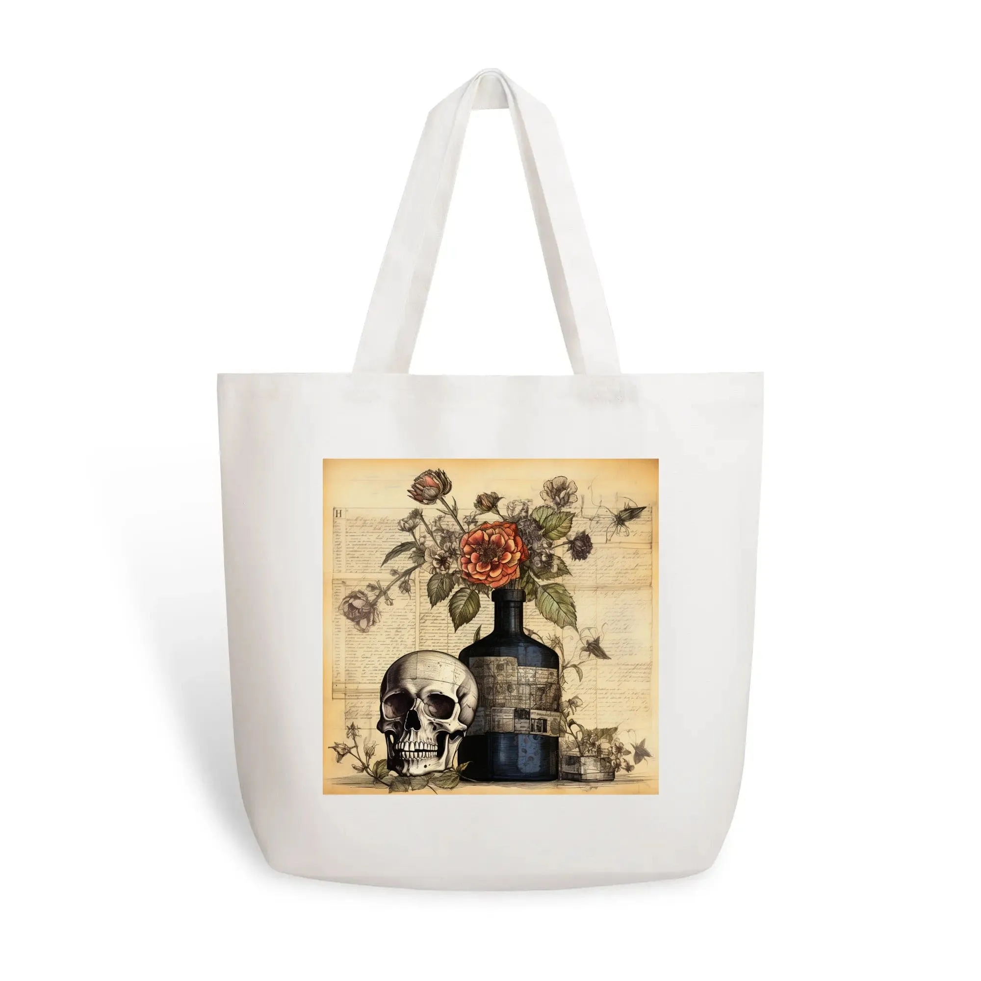 Vintage Skull Floral 100% Cotton Tote Bag