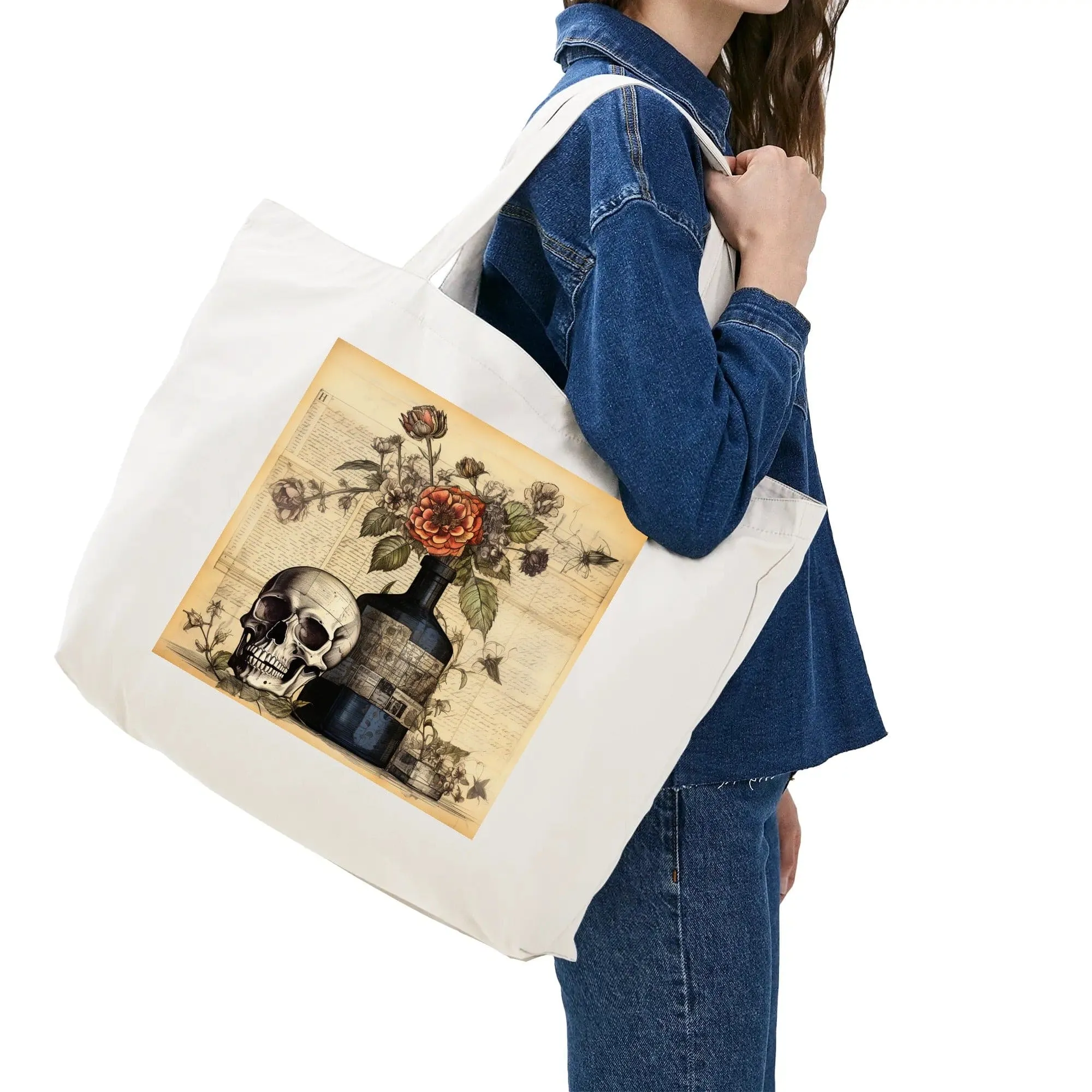 Vintage Skull Floral 100% Cotton Tote Bag