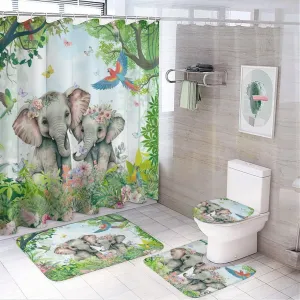 Vintage Watercolor Elephant- 4 Pieces Shower Curtain Set,African Jungle Wildlife Elephant Non-Slip Rugs Toilet Lid Cover Bath Mat and Bathroom Curtain