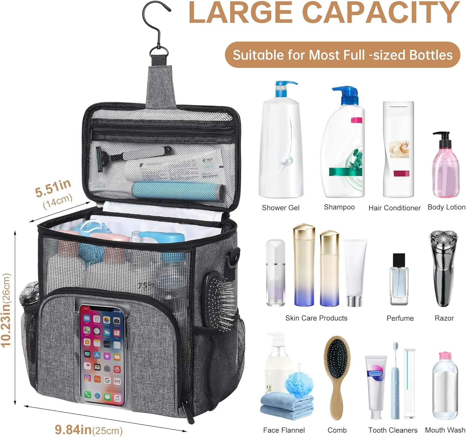 VOCUS Large Toiletry Bag,Travel Toiletry Luggage with Hanging Hook for Men and Women, Large Water-resistant Shaving Bag, Toiletries Accessorie,Dorm Room Essentials for College Students