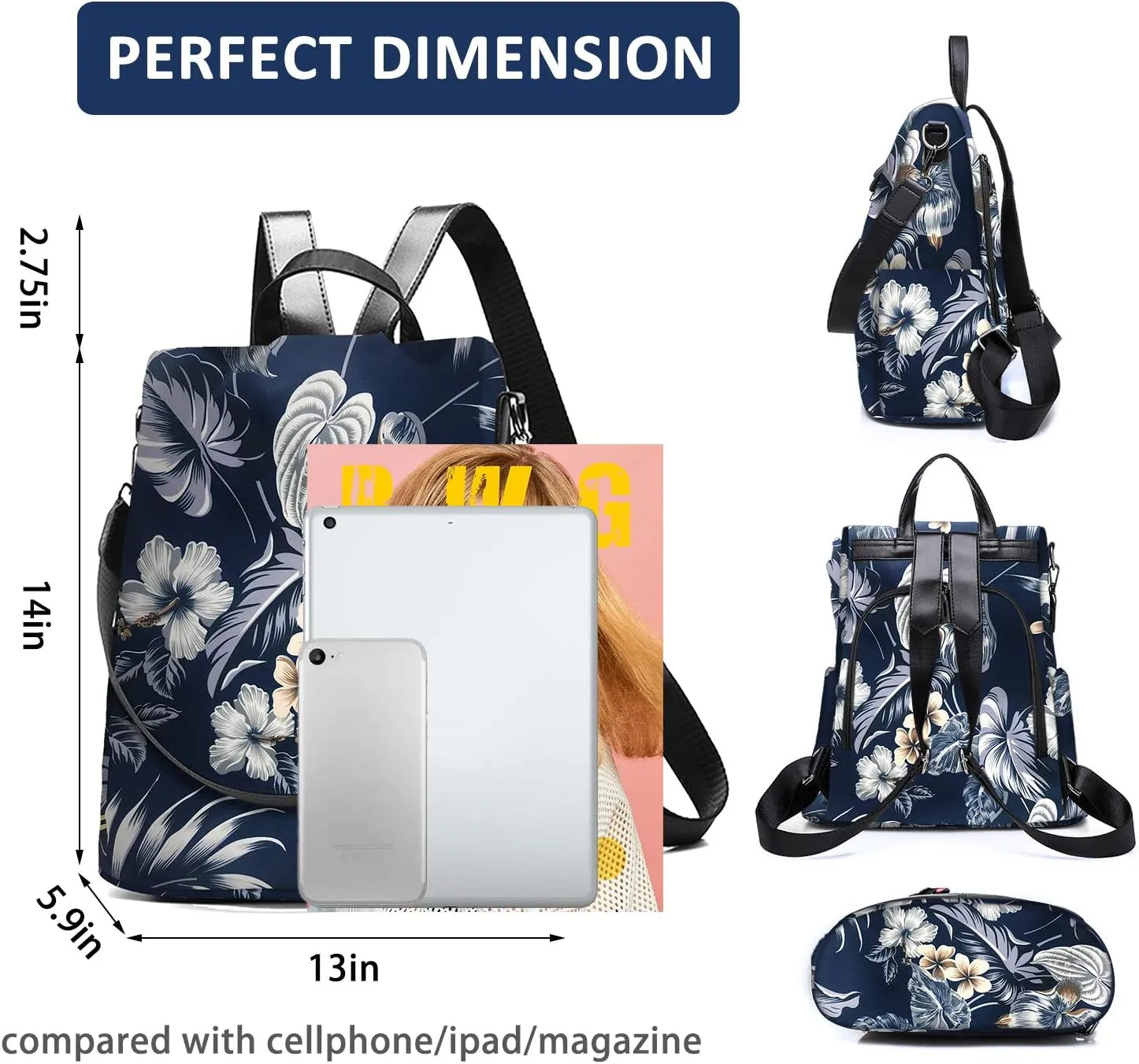 Waterproof Backpack Purse for Women Anti Theft Fashion Daypack Nylon Travel Bag Crossbody Shoulder Bag - Hawaii Flower 13"x5.9"x13.9"