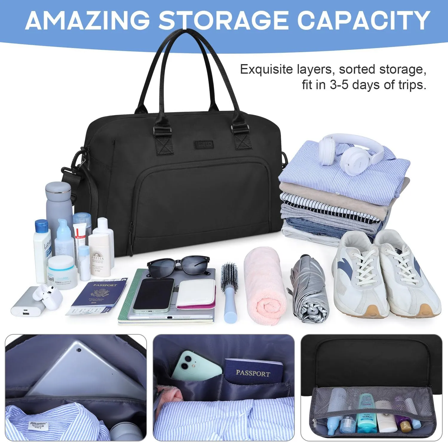 Weekender Bags for Women, LEBFEO Gym Bag for Women with Shoes Compartment, Personal Item Travel Bag, Carry on Overnight Travel Duffel Bag, Hospital Bags for Labor and Delivery, black