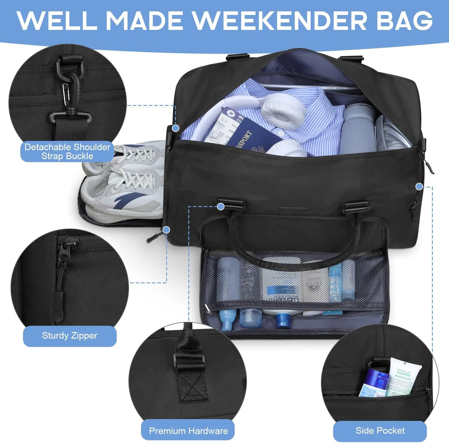 Weekender Bags for Women, LEBFEO Gym Bag for Women with Shoes Compartment, Personal Item Travel Bag, Carry on Overnight Travel Duffel Bag, Hospital Bags for Labor and Delivery, black