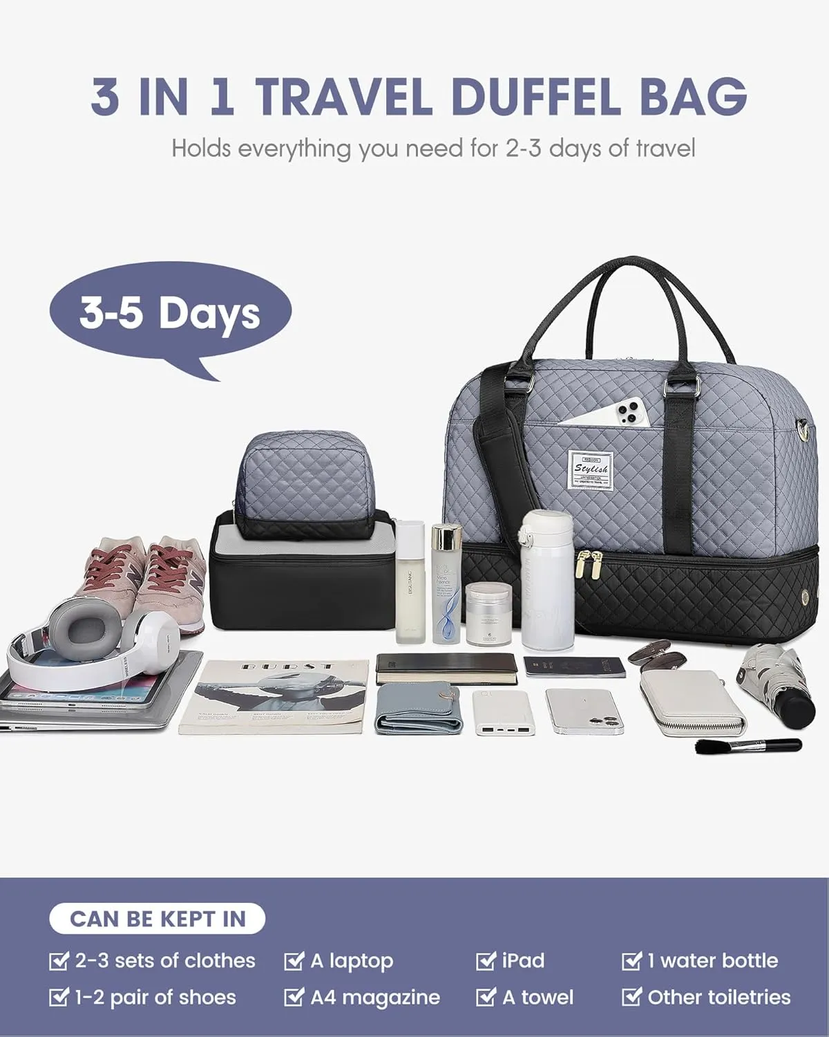 Weekender Bags for Women Travel Bag- Duffle for Women with Shoe Compartment Carry On Overnight Bag Wet Pocket Large