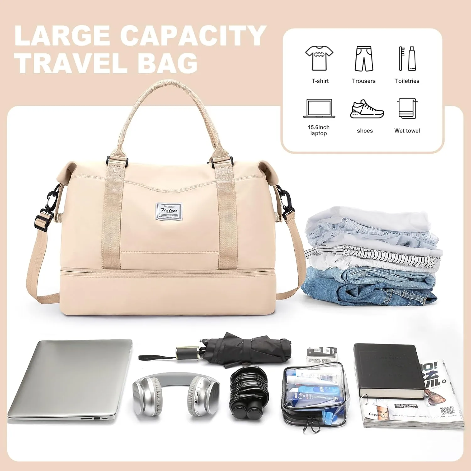 Weekender Bags for Women, Travel Duffel Bags with Shoe Compartment,Personal Item Travel Bag for Airlines, Carry on Overnight Tote Bag for women，Beige