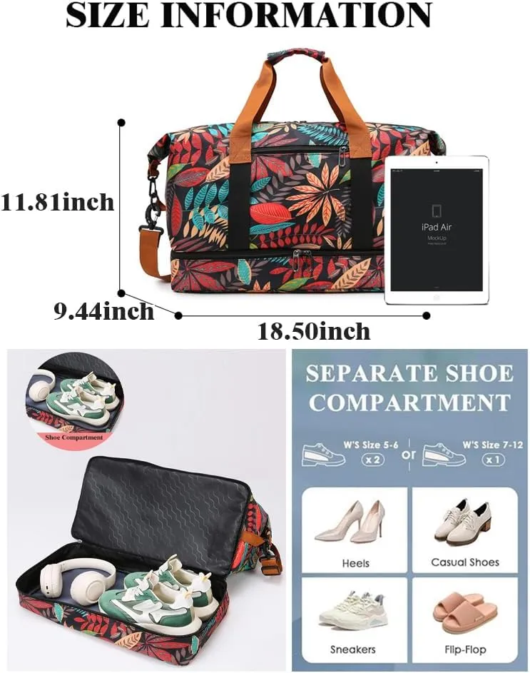 Weekender Overnight Bag Bohemian Style Travel Duffel Bag for Women Carry On Tote with Shoe Compartment (Blue)