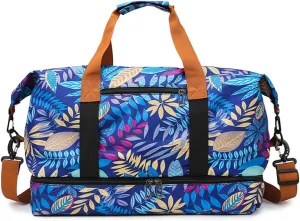 Weekender Overnight Bag Bohemian Style Travel Duffel Bag for Women Carry On Tote with Shoe Compartment (Blue)