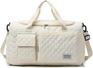 Weekender Travel Bag for Women with Shoe Compartment, Travel Duffle Overnight Bag，Large Capacity Gym Yoga Tote Bag Waterproof Extendable Carry On Bag (Beige)