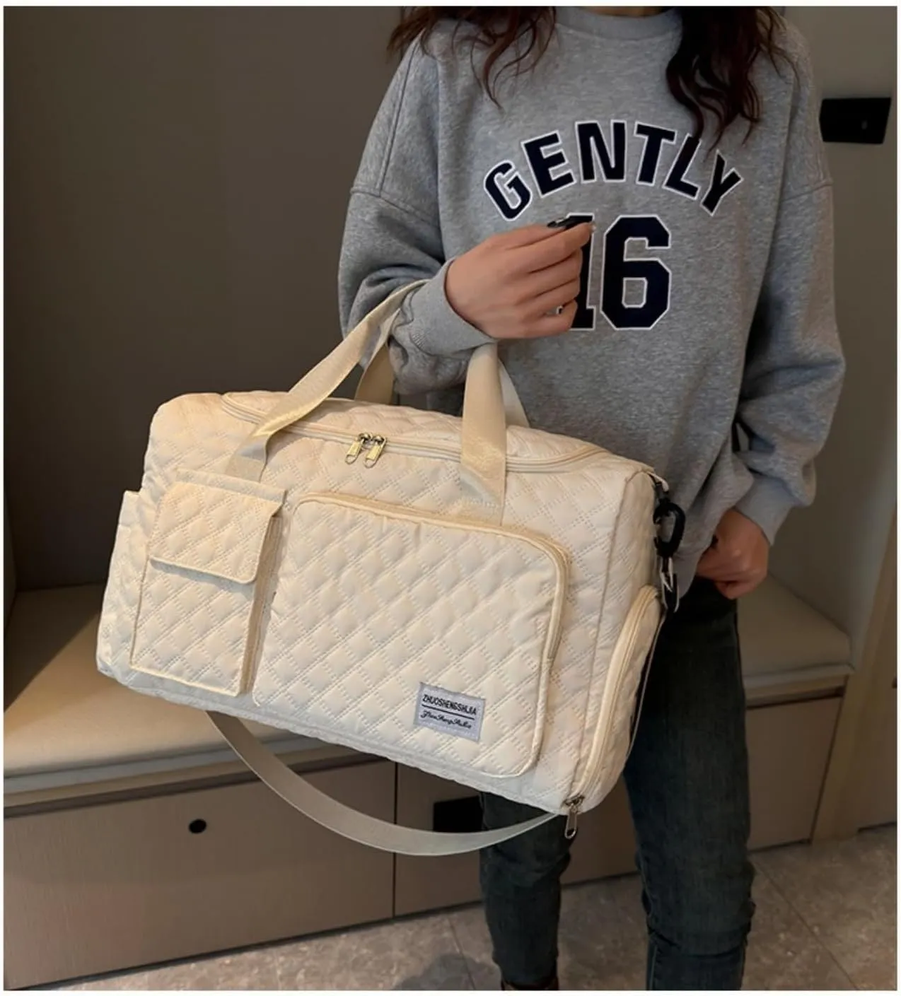 Weekender Travel Bag for Women with Shoe Compartment, Travel Duffle Overnight Bag，Large Capacity Gym Yoga Tote Bag Waterproof Extendable Carry On Bag (Beige)