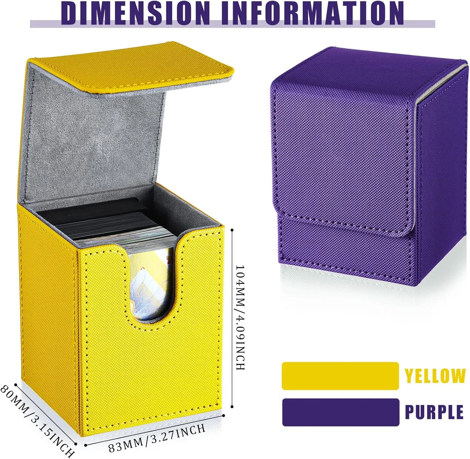 Weewooday 2 Boxes Leather Deck Card Boxes Large Size Fit 100 Plus Sleeved Cards Deck Game for Collectible Playing Compatible with Mtg Tcg(Vertical,Yellow, Purple)