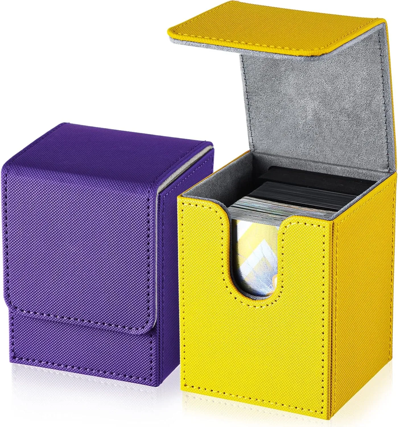 Weewooday 2 Boxes Leather Deck Card Boxes Large Size Fit 100 Plus Sleeved Cards Deck Game for Collectible Playing Compatible with Mtg Tcg(Vertical,Yellow, Purple)