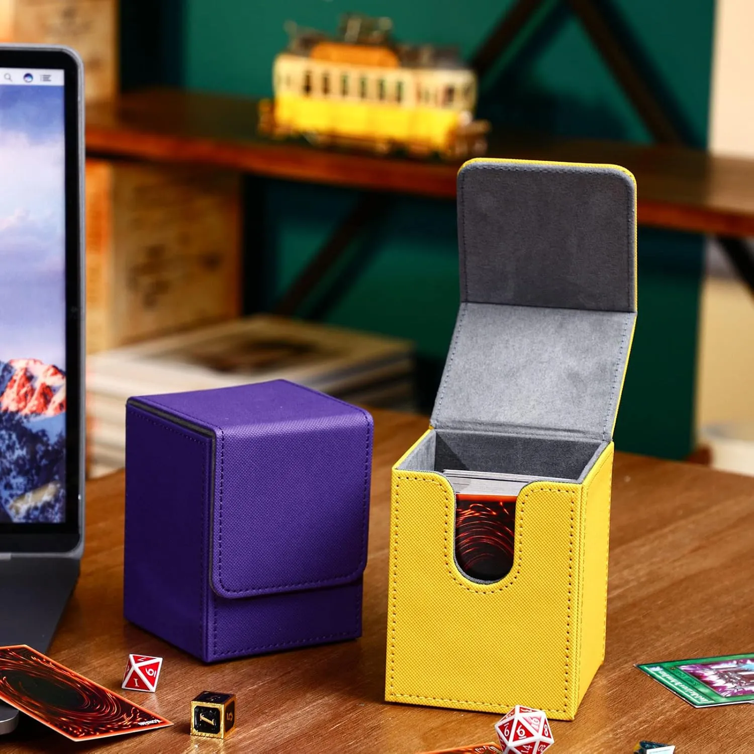 Weewooday 2 Boxes Leather Deck Card Boxes Large Size Fit 100 Plus Sleeved Cards Deck Game for Collectible Playing Compatible with Mtg Tcg(Vertical,Yellow, Purple)