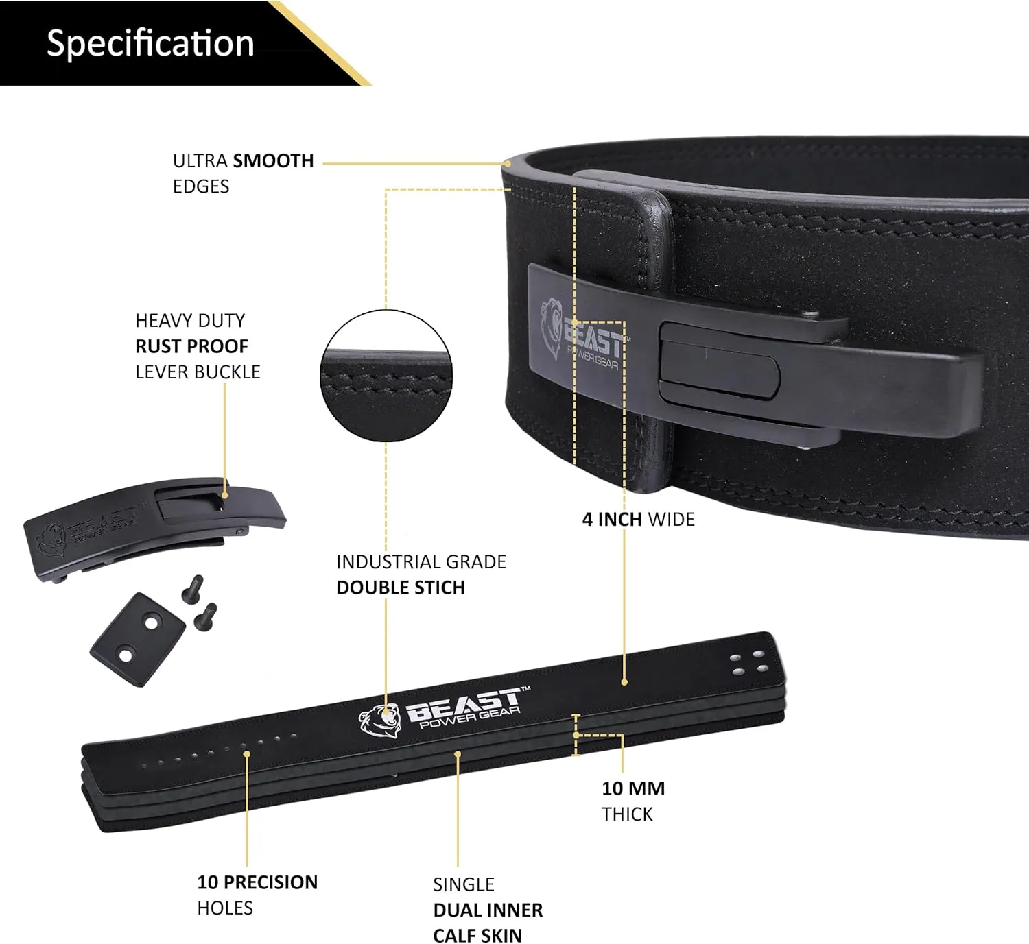Weight Lifting Belt Lever Buckle 10MM 13MM Thick & 4 Inches Free Strap Weightlifting, Powerlifting, Deadlifts, Squats Men Women